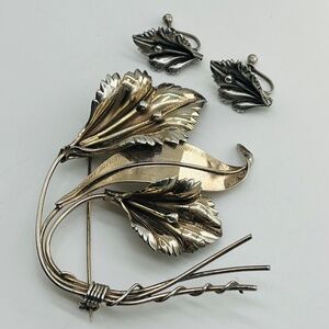 Vintage Handmade Sterling Flower Brooch and Earrings Set
